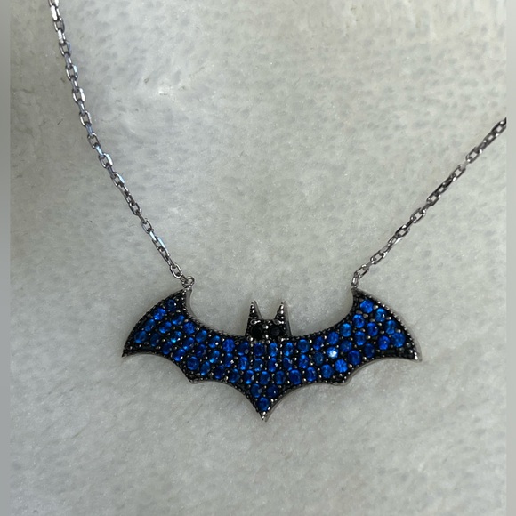 Halloween Deep Blue Sapphire & Sterling Bat Adjustable Necklace with Onyx Eyes - Picture 5 of 8